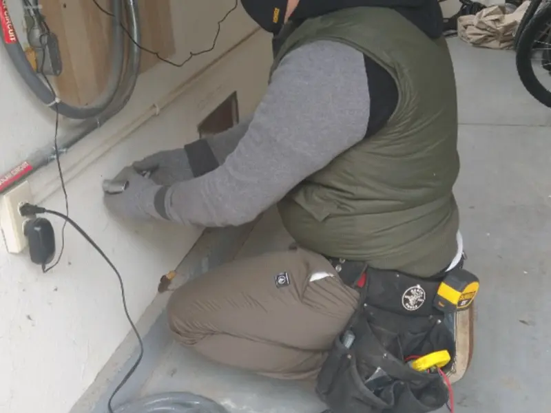 Electrician performing outlet wiring in a Lockwood garage